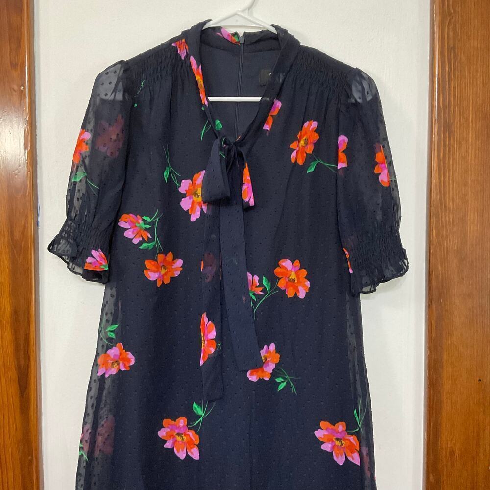DKNY Navy Blue Floral Dress Chiffon Tie Neck 6 Small Swiss Dot Gathered Sleeves - Picture 5 of 9